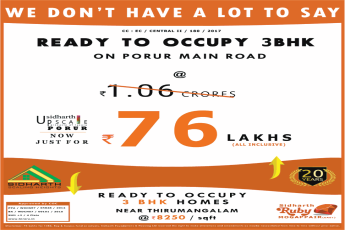 Book ready to occupy 3 BHK home at Sidharth Upscale, Chennai